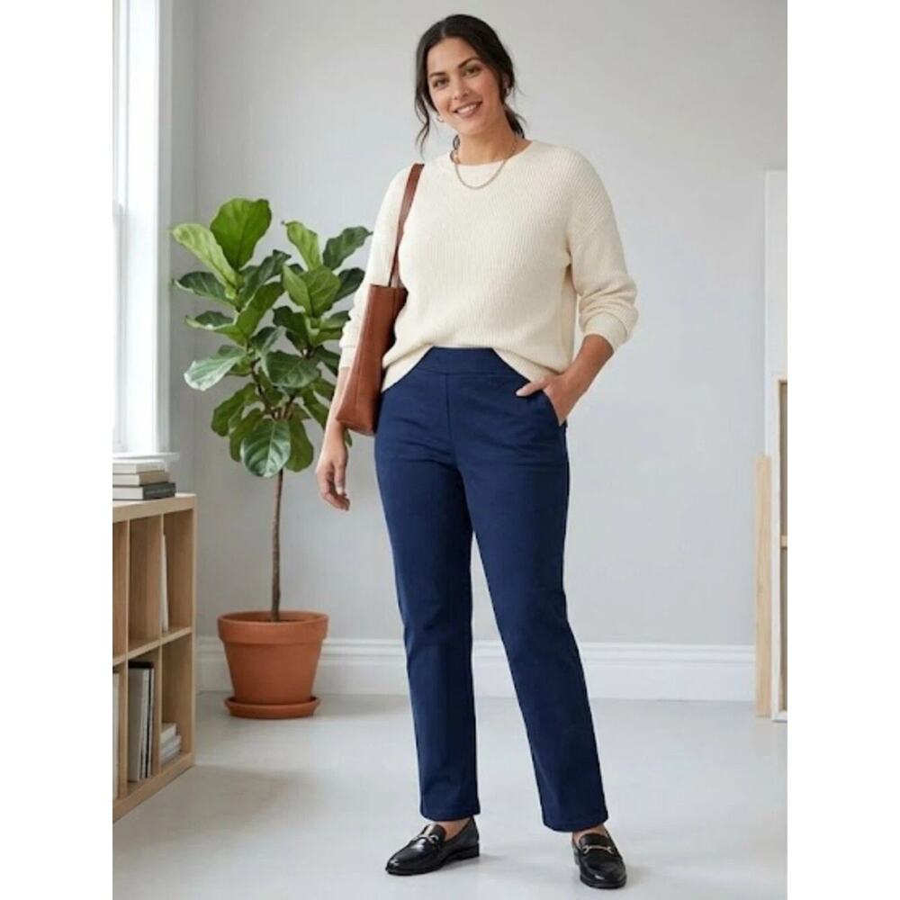 J. Jill Essential Cotton Navy Stretch Pull-On Pants 6 Straight Leg Zip Pockets